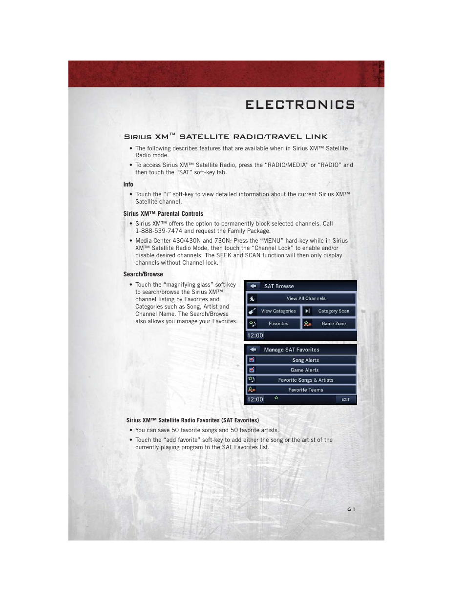 Sirius xm™ satellite radio/travel link, Info, Sirius xm™ parental controls | Search/browse, Electronics | Ram Trucks 2012 С/V - User Guide User Manual | Page 63 / 132