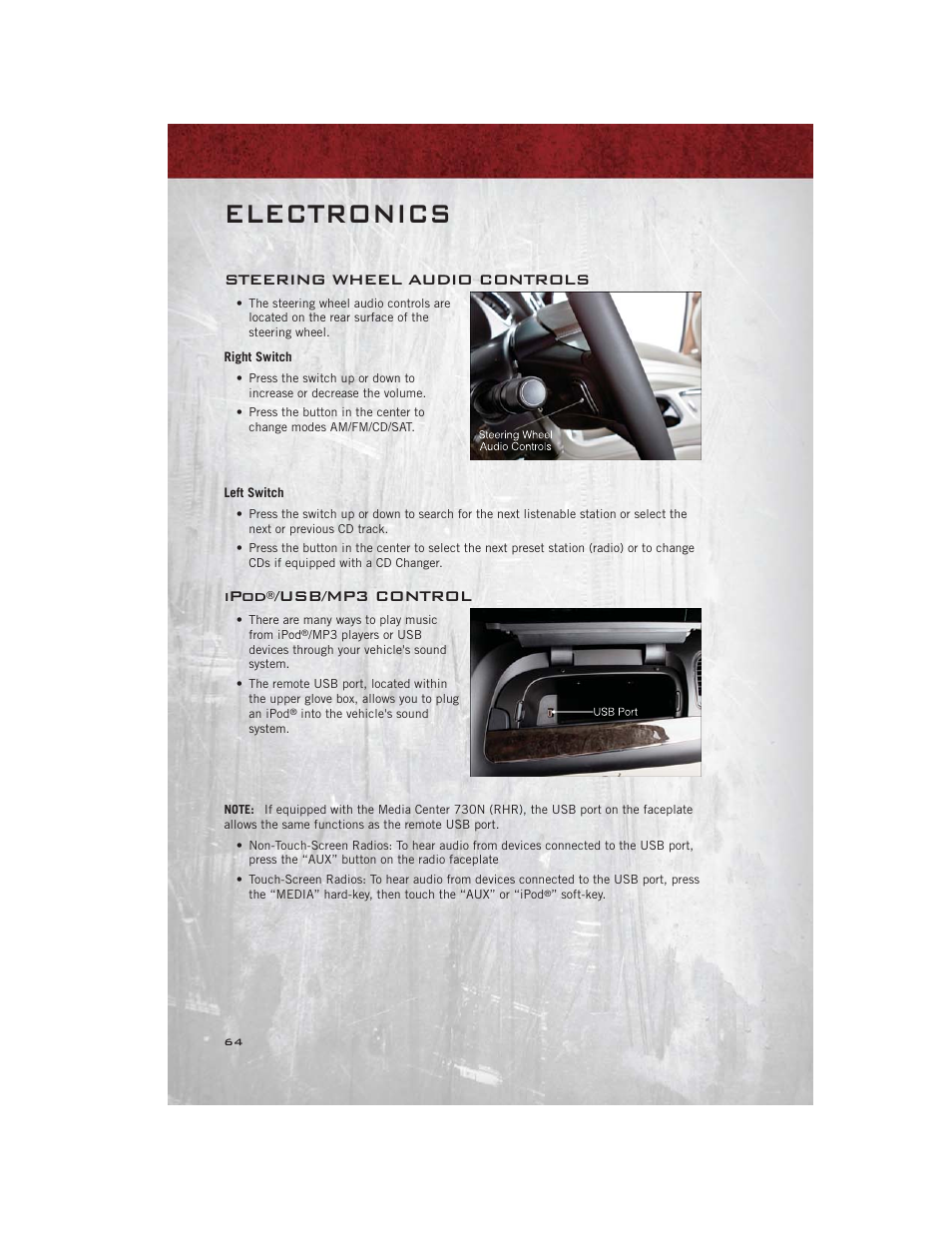 Steering wheel audio controls, Right switch, Left switch | Ipod®/usb/mp3 control, Electronics, Ipod, Usb/mp3 control | Ram Trucks 2012 С/V - User Guide User Manual | Page 66 / 132