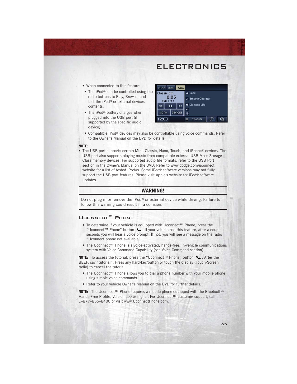 Uconnect™ phone, Electronics, Warning | Ram Trucks 2012 С/V - User Guide User Manual | Page 67 / 132