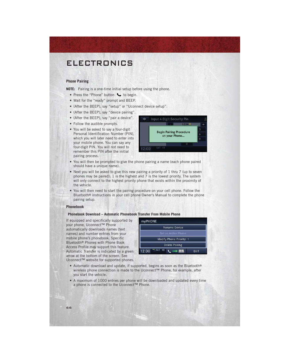Phone pairing, Phonebook, Electronics | Ram Trucks 2012 С/V - User Guide User Manual | Page 68 / 132