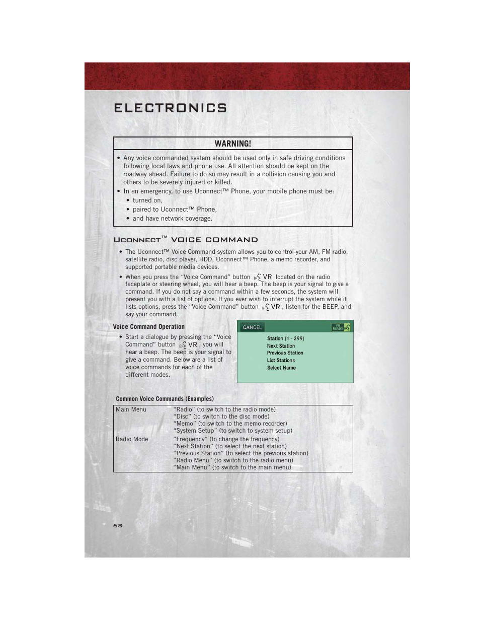 Uconnect™ voice command, Voice command operation, Electronics | Warning | Ram Trucks 2012 С/V - User Guide User Manual | Page 70 / 132