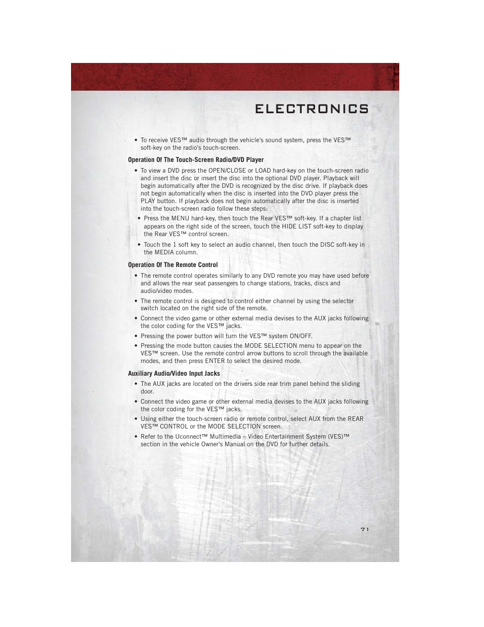 Operation of the touch-screen radio/dvd player, Operation of the remote control, Auxiliary audio/video input jacks | Electronics | Ram Trucks 2012 С/V - User Guide User Manual | Page 73 / 132