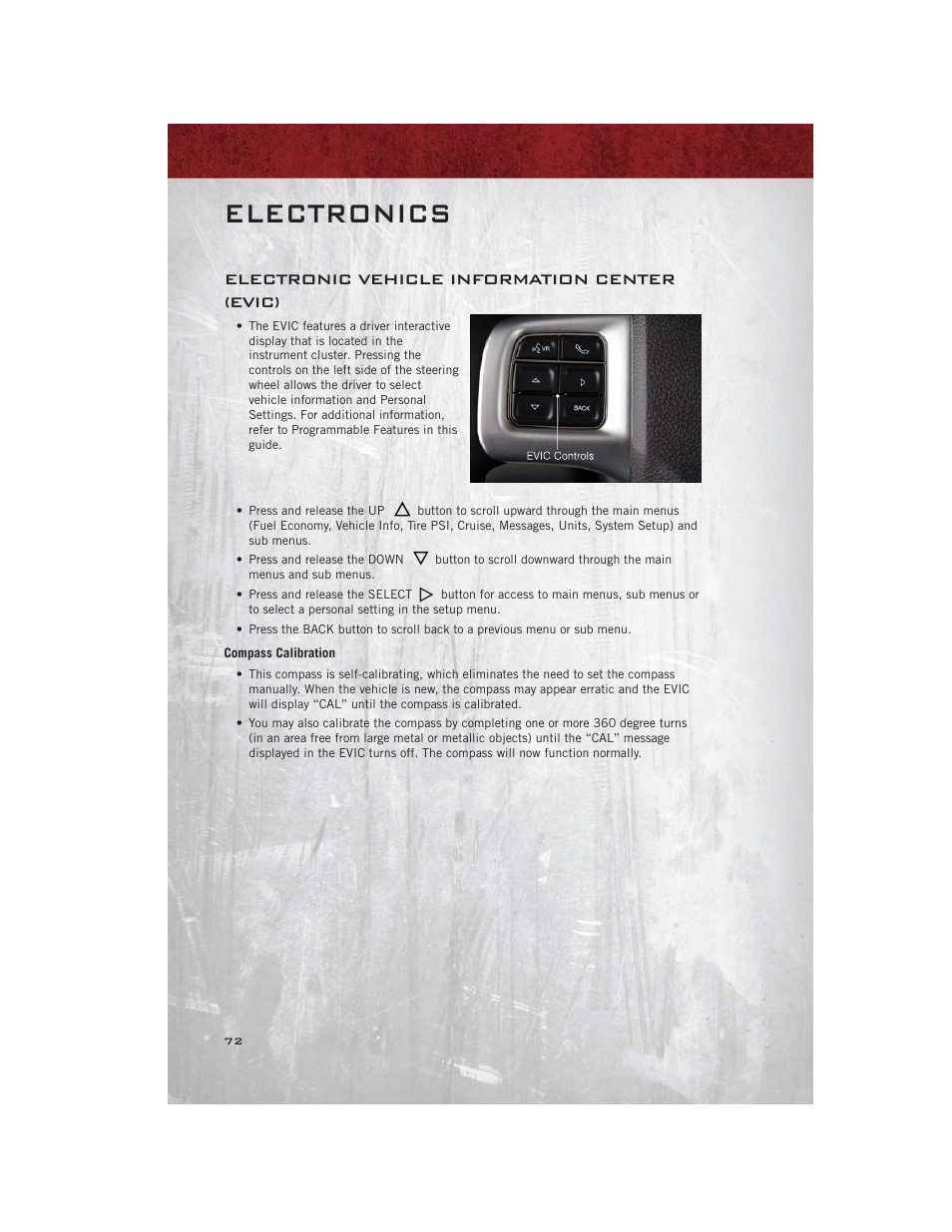 Electronic vehicle information center (evic), Compass calibration, Electronics | Ram Trucks 2012 С/V - User Guide User Manual | Page 74 / 132