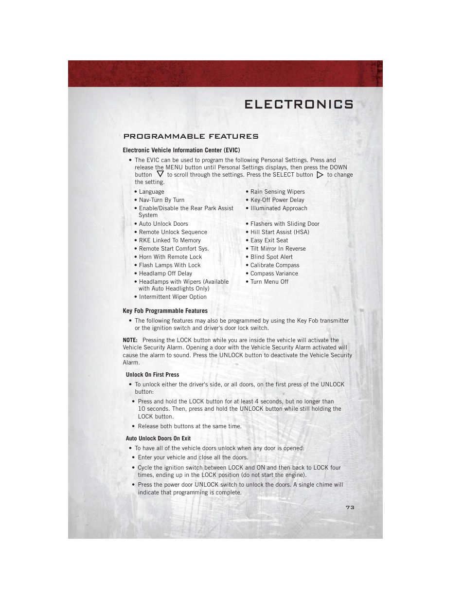Programmable features, Electronic vehicle information center (evic), Key fob programmable features | Electronics | Ram Trucks 2012 С/V - User Guide User Manual | Page 75 / 132