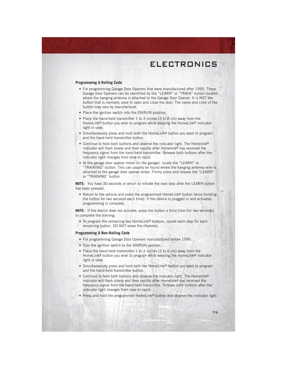 Programming a rolling code, Programming a non-rolling code, Electronics | Ram Trucks 2012 С/V - User Guide User Manual | Page 77 / 132