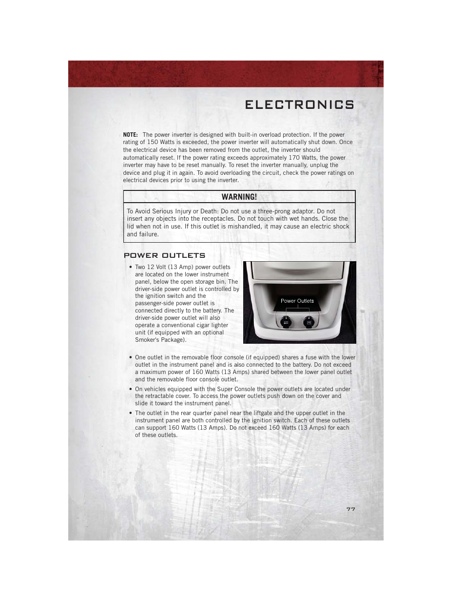 Power outlets, Electronics | Ram Trucks 2012 С/V - User Guide User Manual | Page 79 / 132