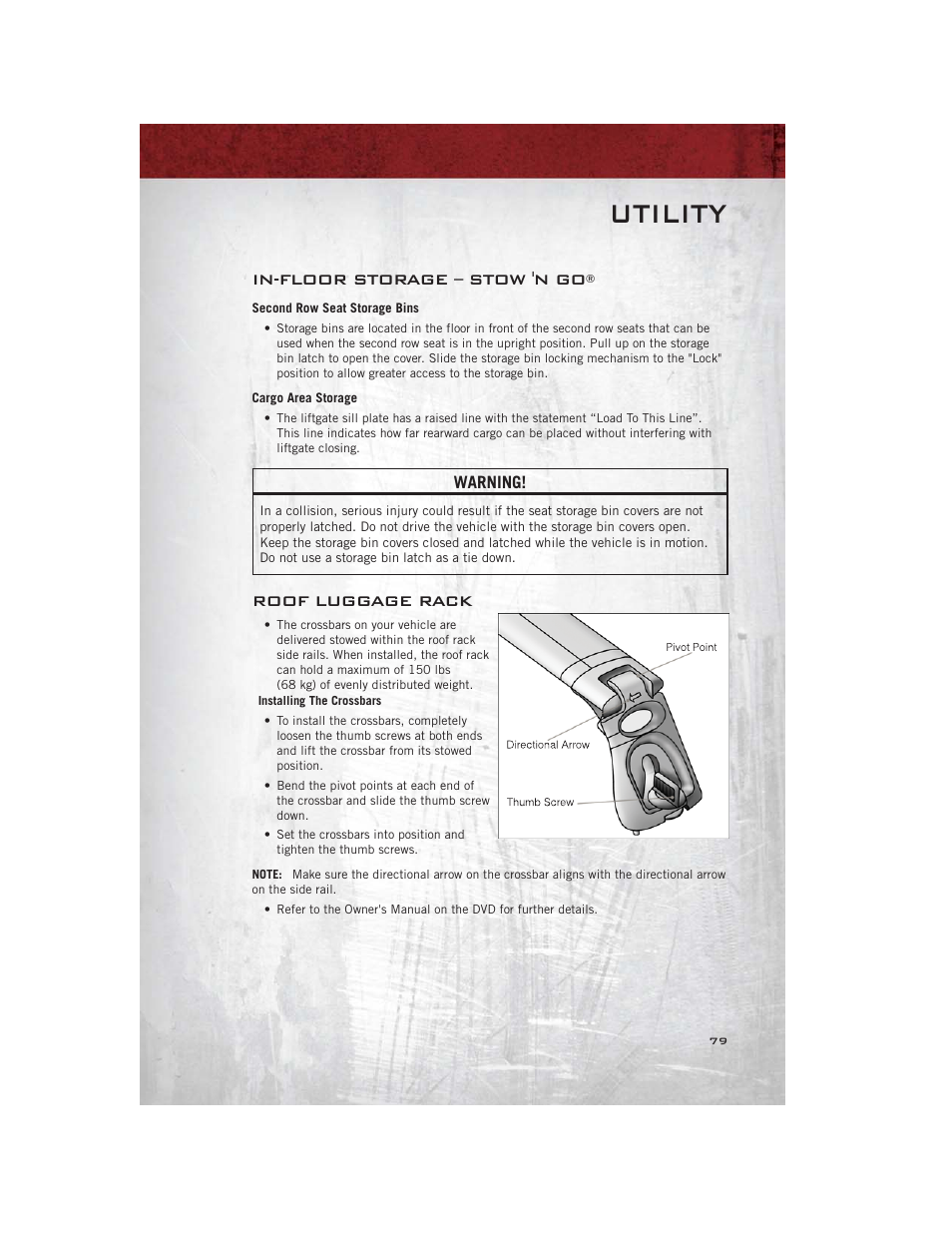 Utility, In-floor storage – stow 'n go, Second row seat storage bins | Cargo area storage, Roof luggage rack | Ram Trucks 2012 С/V - User Guide User Manual | Page 81 / 132