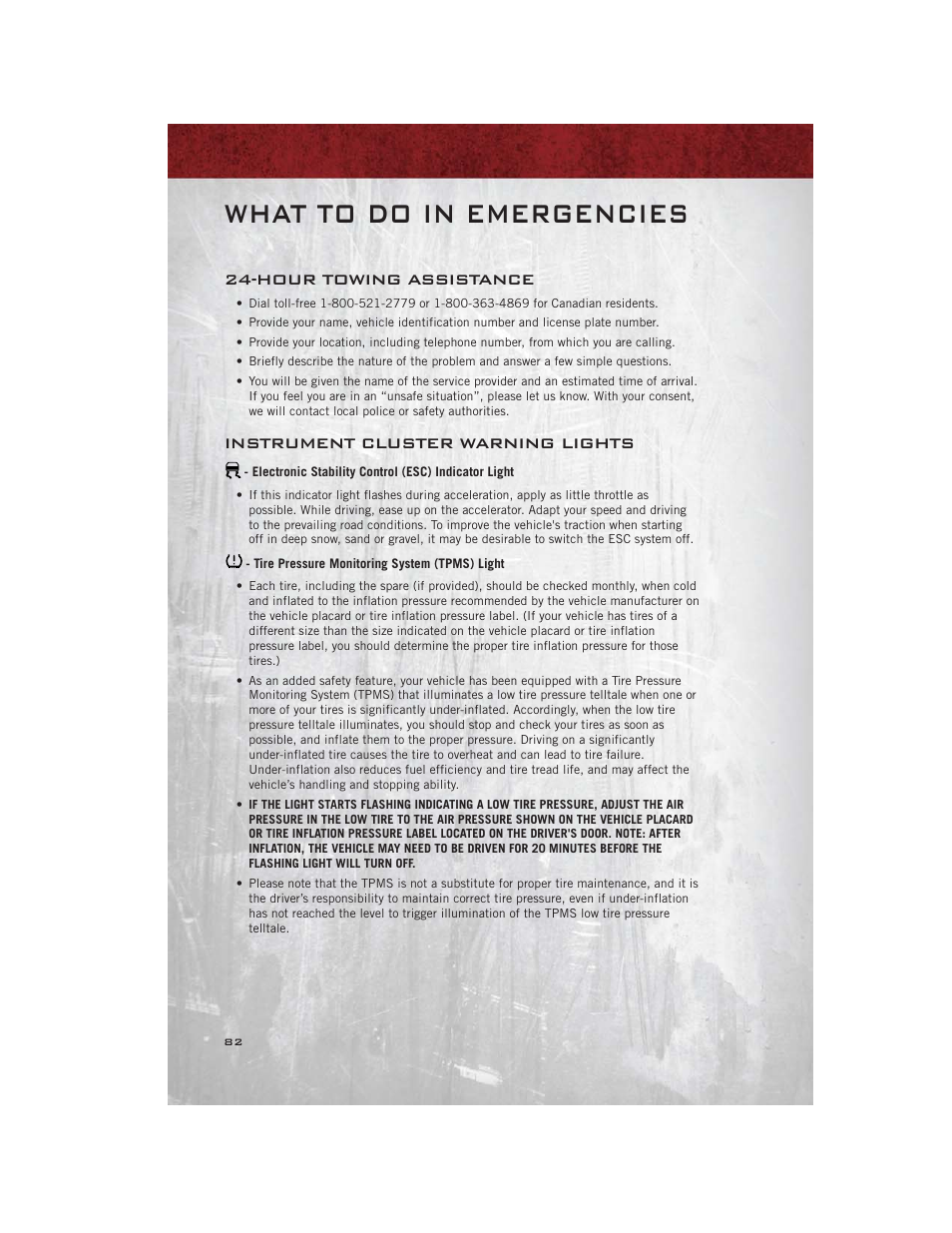 What to do in emergencies, Hour towing assistance, Instrument cluster warning lights | Electronic stability control (esc) indicator light, Tire pressure monitoring system (tpms) light | Ram Trucks 2012 С/V - User Guide User Manual | Page 84 / 132
