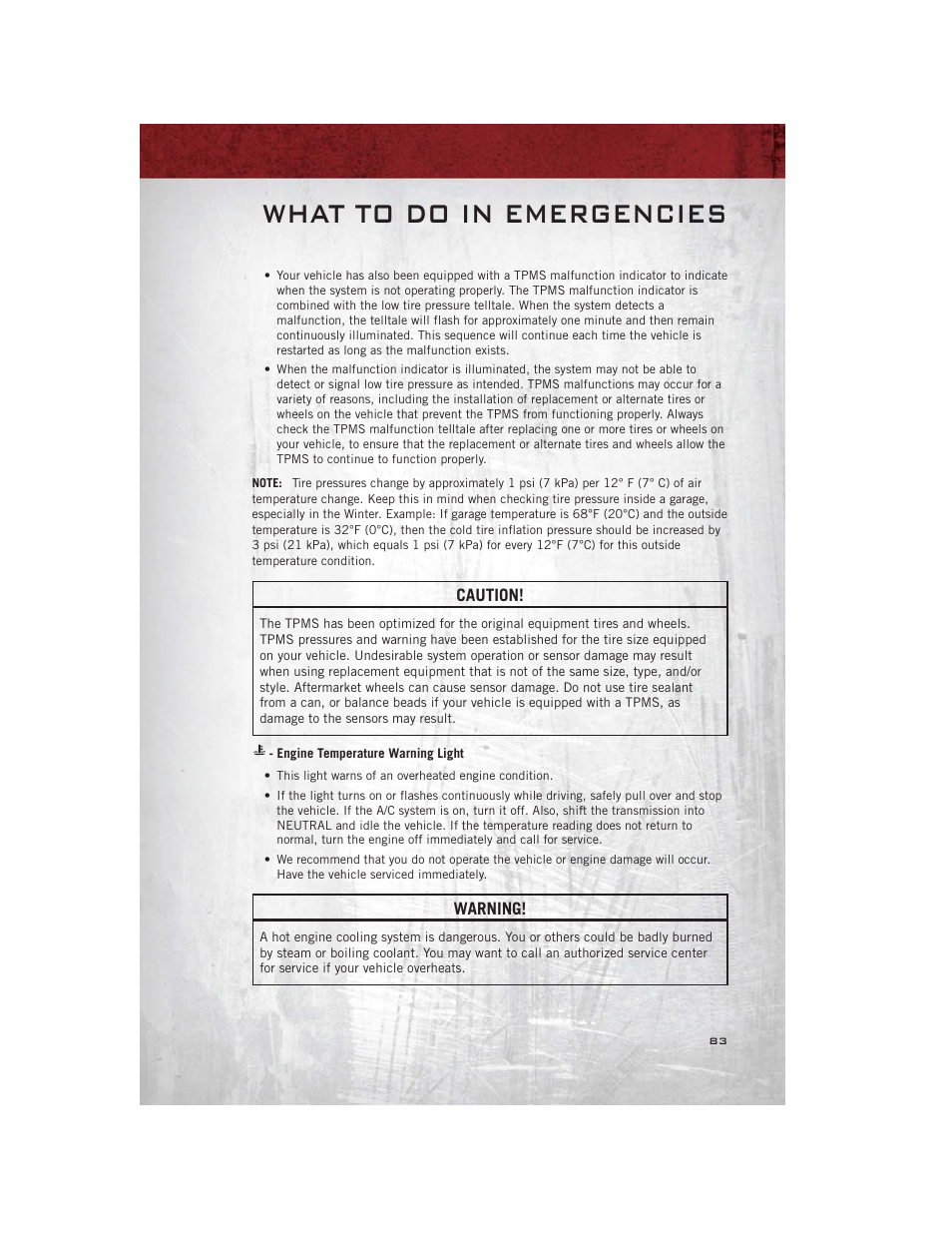 Engine temperature warning light, What to do in emergencies | Ram Trucks 2012 С/V - User Guide User Manual | Page 85 / 132