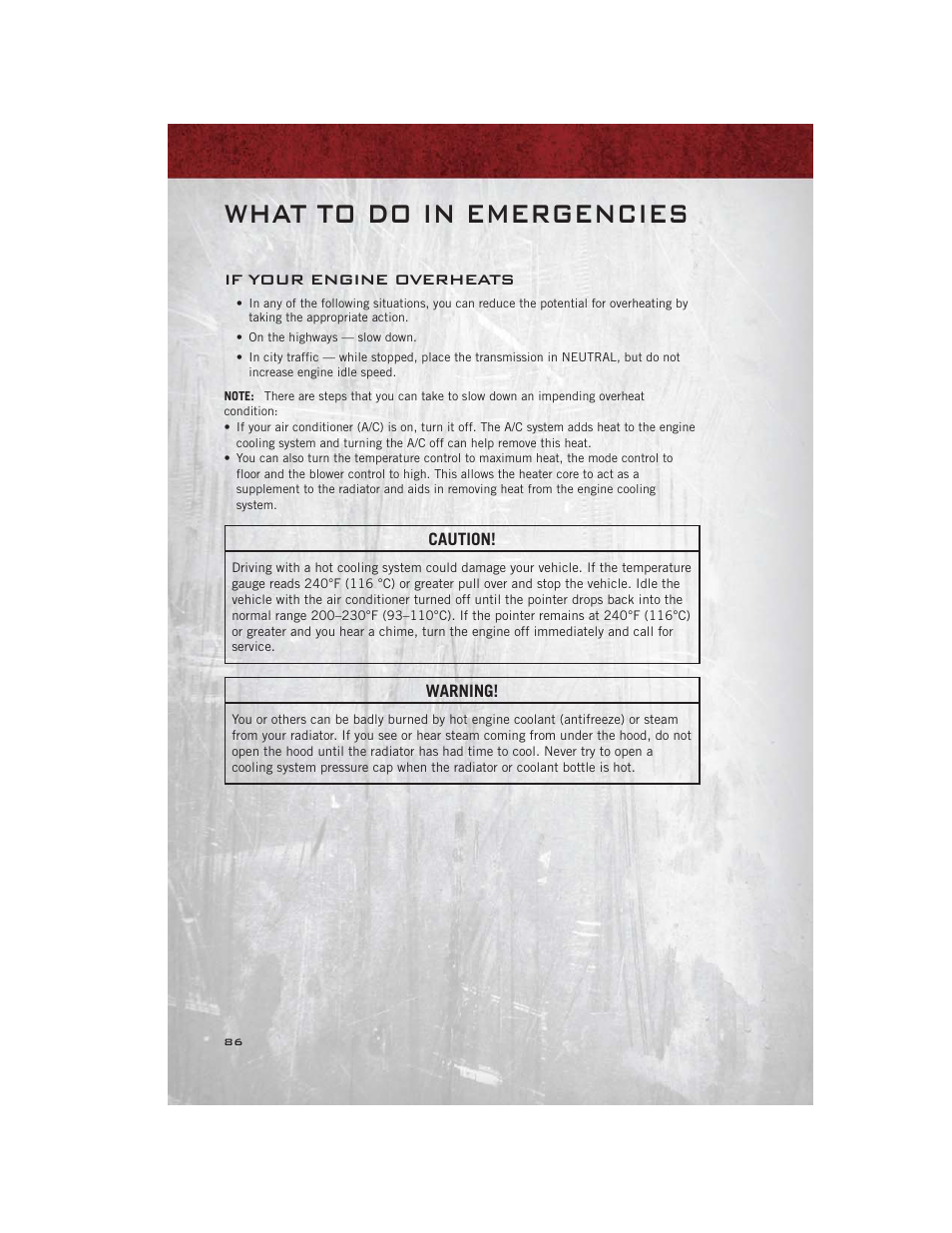If your engine overheats, What to do in emergencies | Ram Trucks 2012 С/V - User Guide User Manual | Page 88 / 132