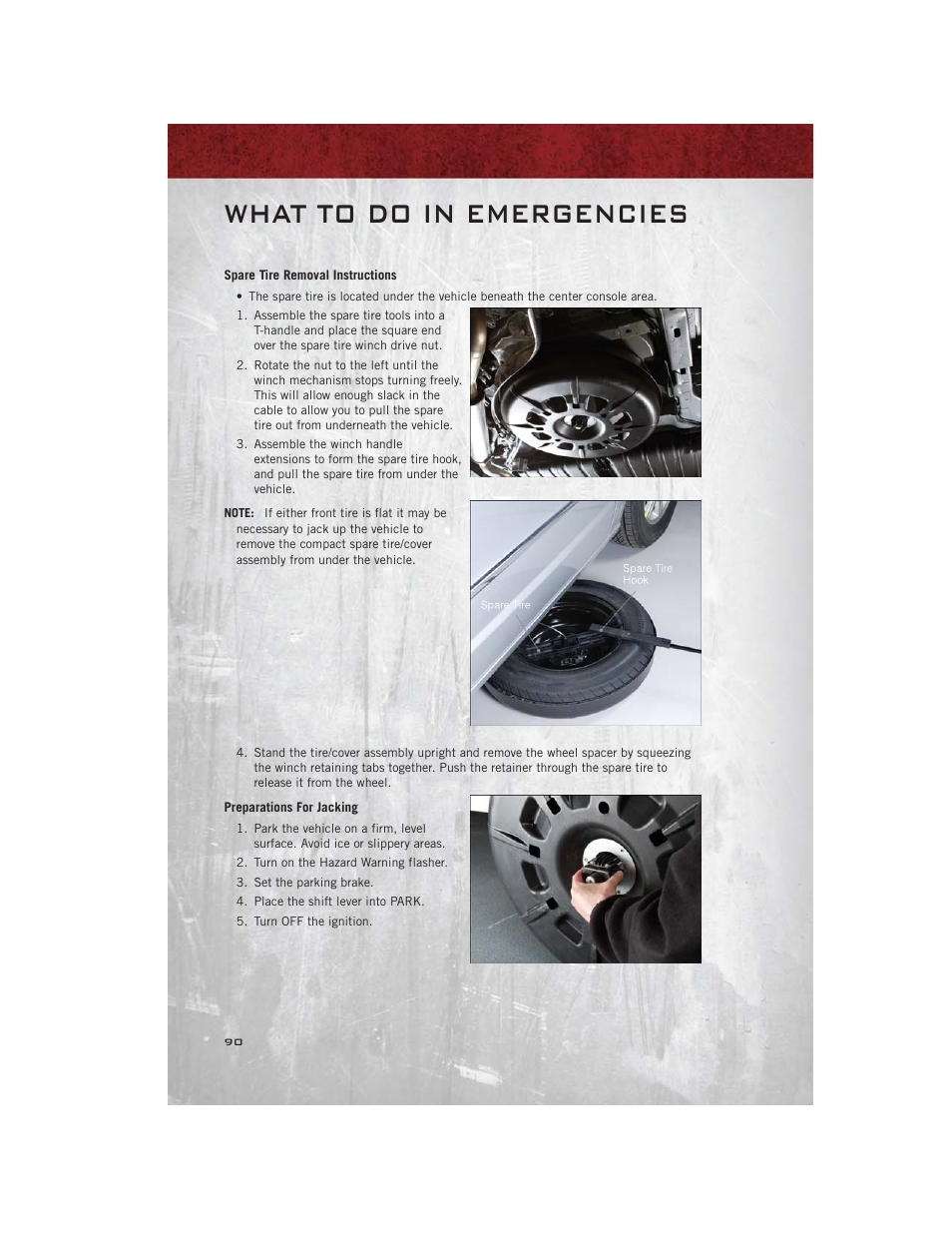 Spare tire removal instructions, Preparations for jacking, What to do in emergencies | Ram Trucks 2012 С/V - User Guide User Manual | Page 92 / 132