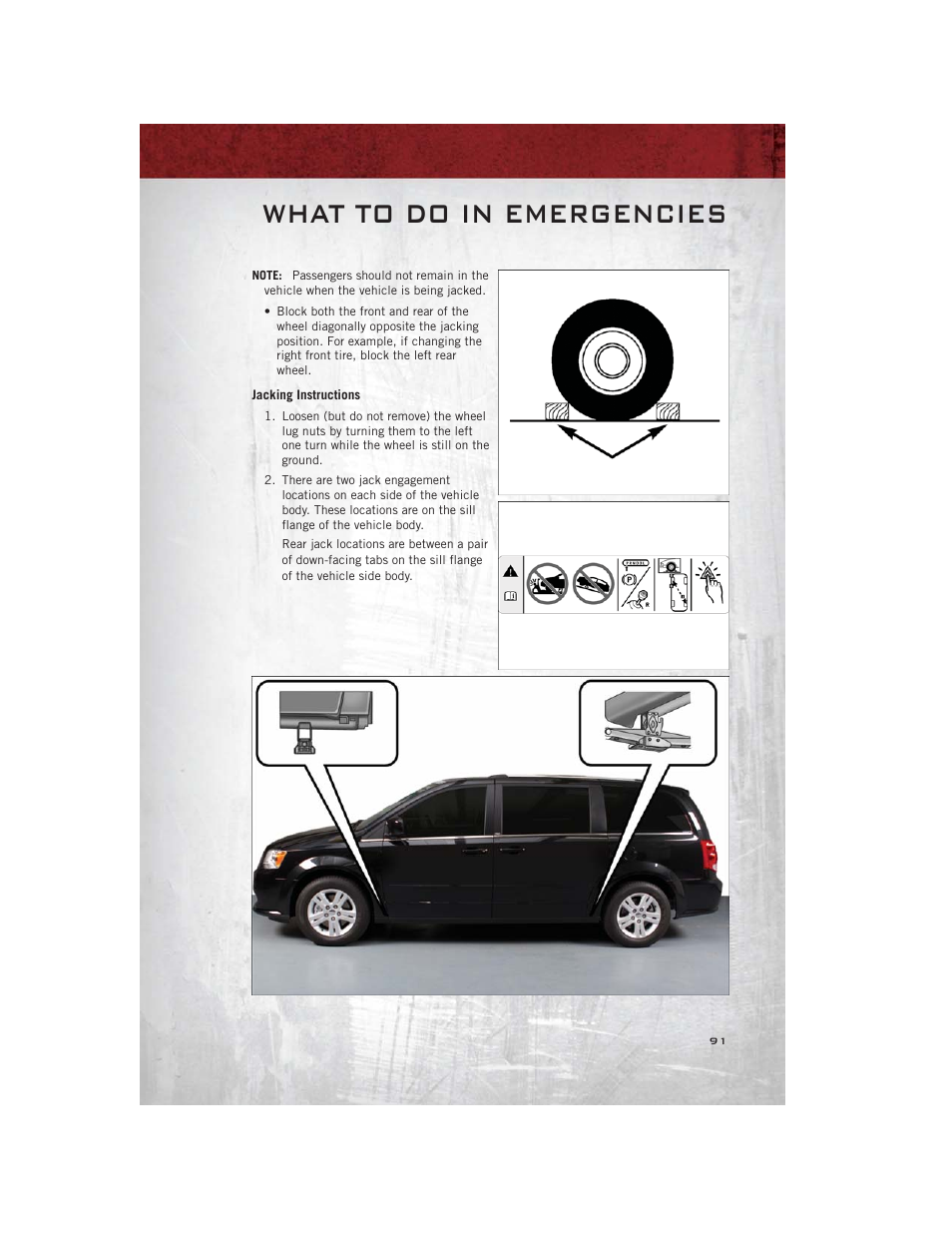 Jacking instructions, What to do in emergencies | Ram Trucks 2012 С/V - User Guide User Manual | Page 93 / 132