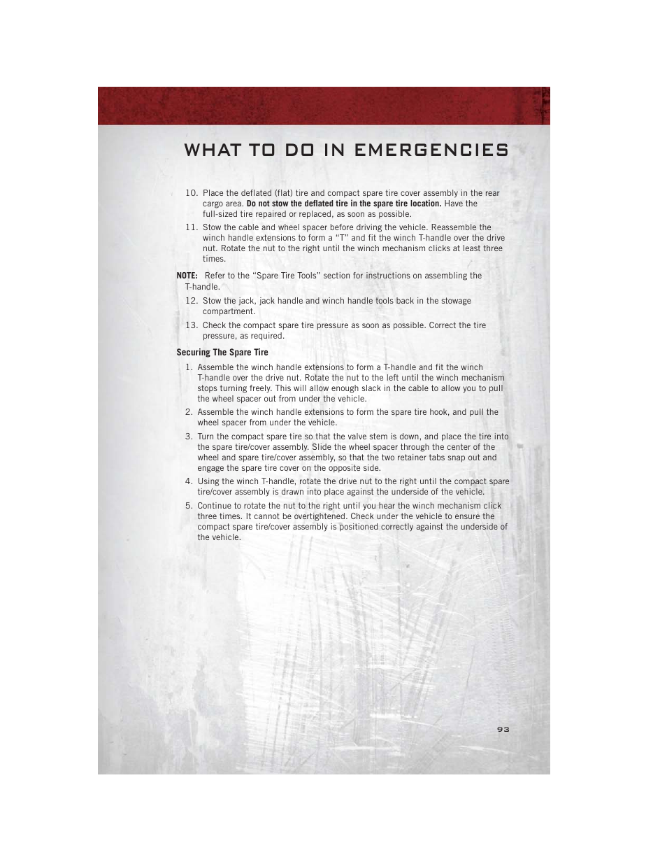 Securing the spare tire, What to do in emergencies | Ram Trucks 2012 С/V - User Guide User Manual | Page 95 / 132