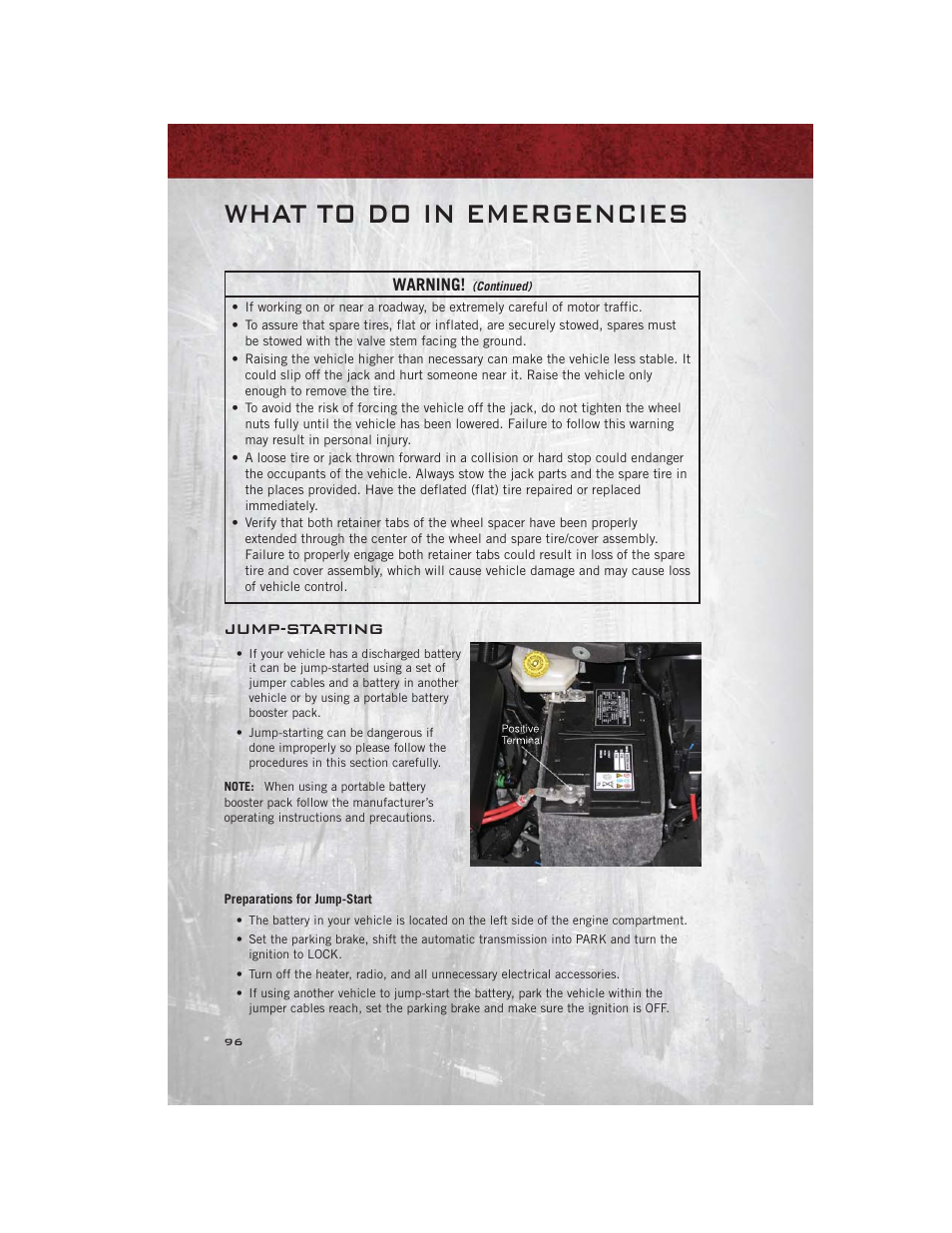 Jump-starting, Preparations for jump-start, What to do in emergencies | Ram Trucks 2012 С/V - User Guide User Manual | Page 98 / 132