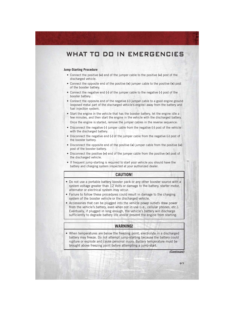 Jump-starting procedure, What to do in emergencies, Caution | Warning | Ram Trucks 2012 С/V - User Guide User Manual | Page 99 / 132
