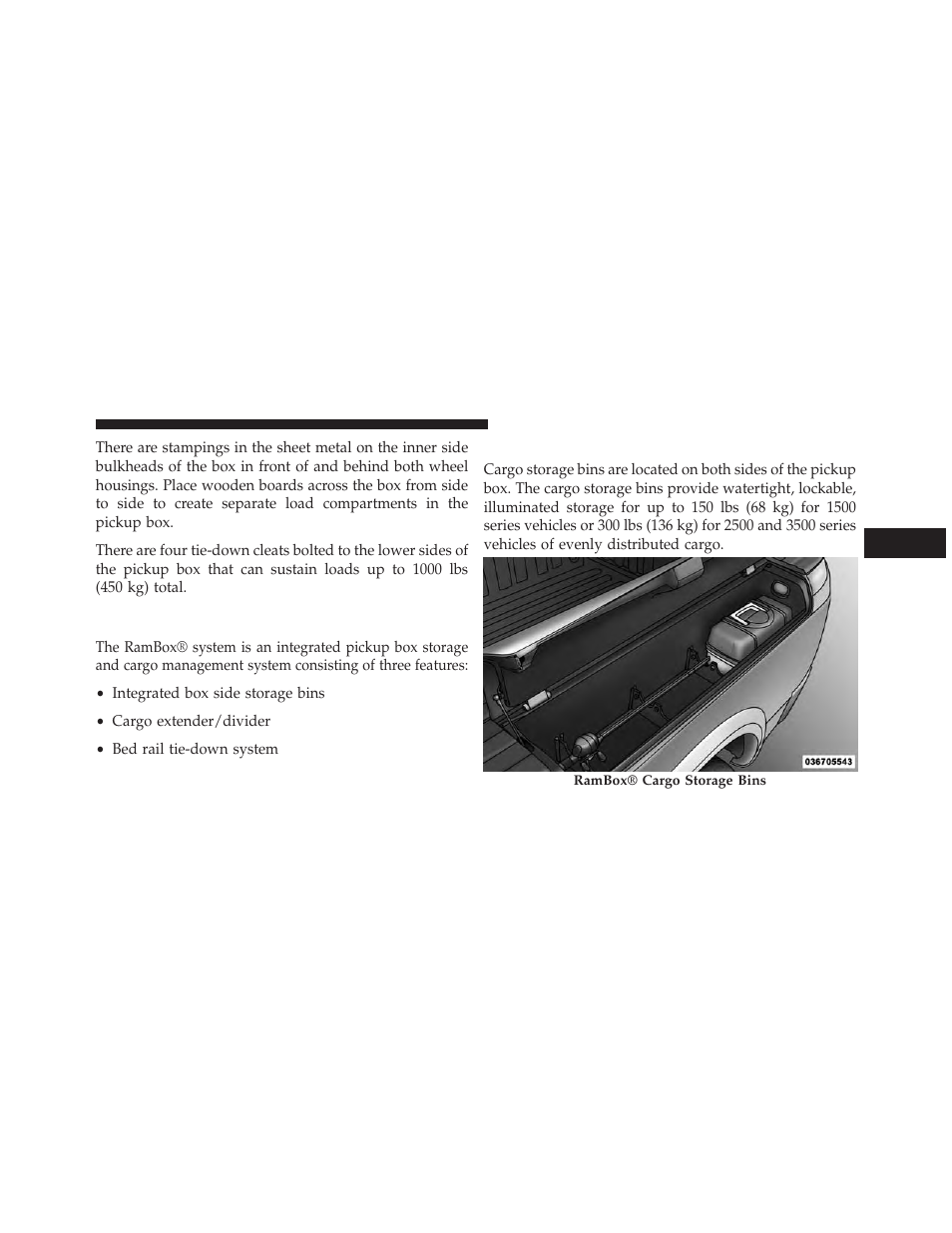 Rambox® — if equipped, Rambox® integrated box side storage bins | Ram Trucks 2013 3500 - Owner Manual User Manual | Page 233 / 734