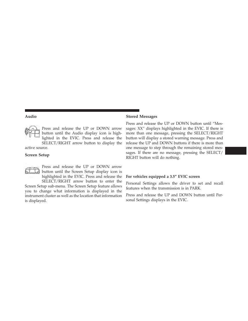 Audio, Screen setup, Stored messages | Personal settings (customer-programmable features), Personal settings (customer-programmable, Features) | Ram Trucks 2013 3500 - Owner Manual User Manual | Page 287 / 734