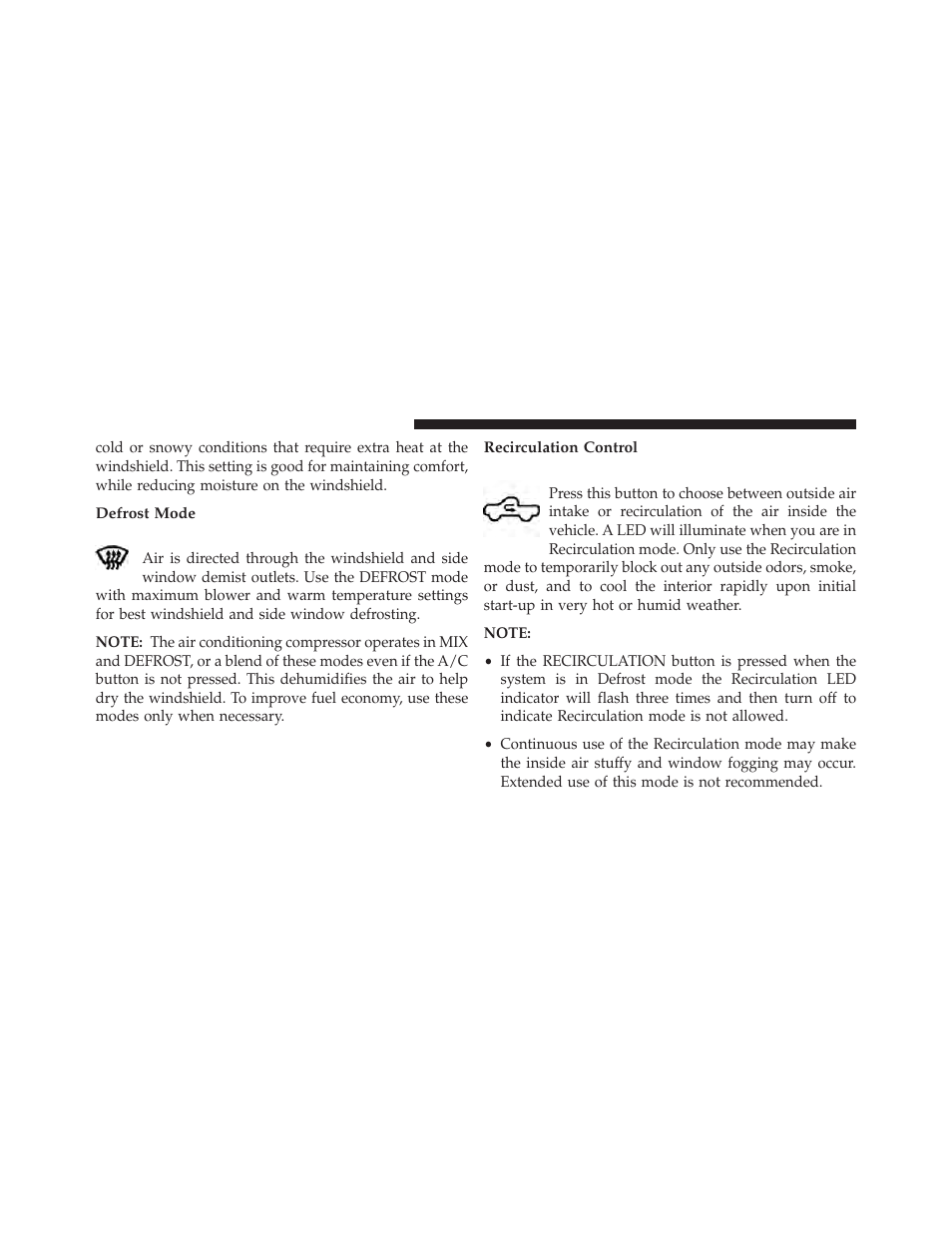 Defrost mode, Recirculation control | Ram Trucks 2013 3500 - Owner Manual User Manual | Page 320 / 734