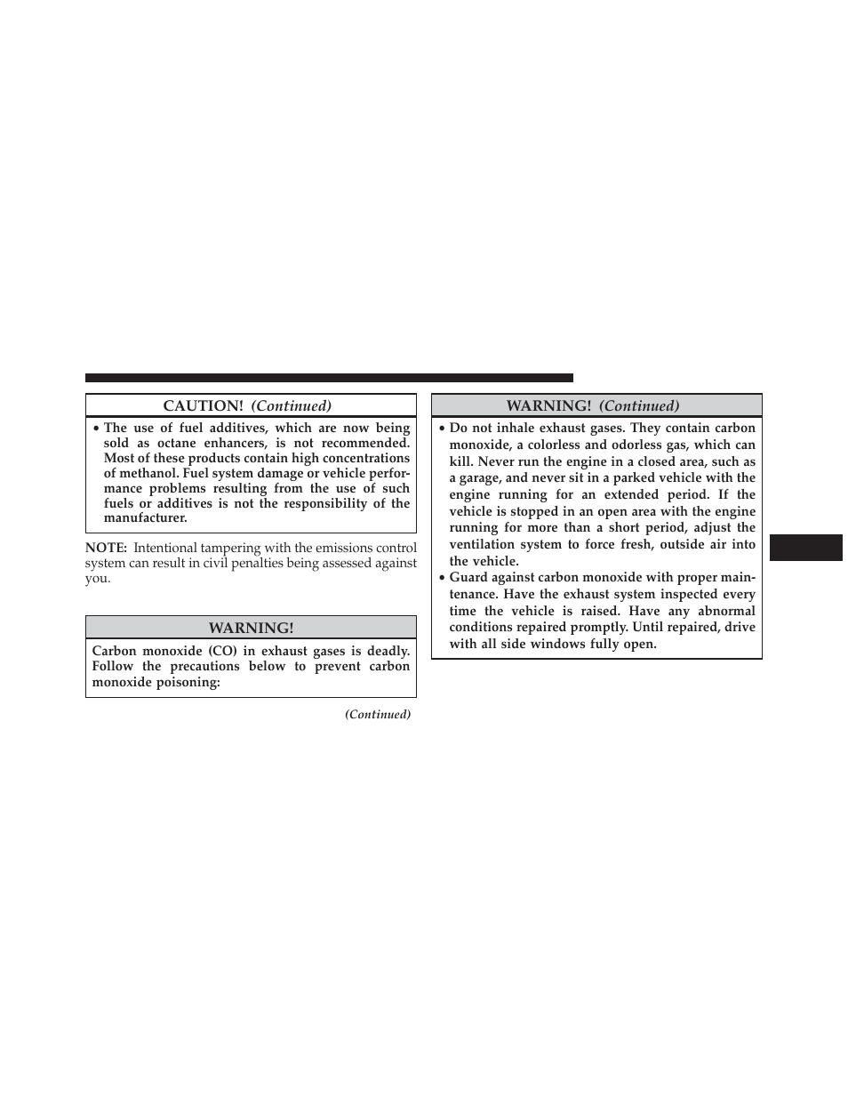Carbon monoxide warnings | Ram Trucks 2013 3500 - Owner Manual User Manual | Page 527 / 734