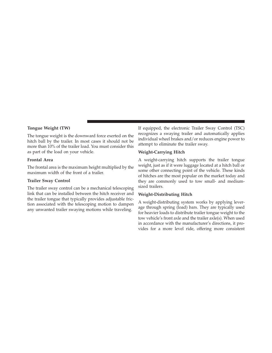 Tongue weight (tw), Frontal area, Trailer sway control | Weight-carrying hitch, Weight-distributing hitch | Ram Trucks 2013 3500 - Owner Manual User Manual | Page 538 / 734