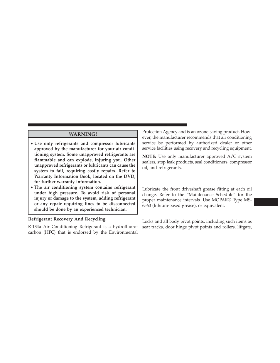 Refrigerant recovery and recycling, Body lubrication, Front driveshaft lubrication – 2500/3500 | Four-wheel drive) models (ram trucks only) | Ram Trucks 2013 3500 - Owner Manual User Manual | Page 645 / 734