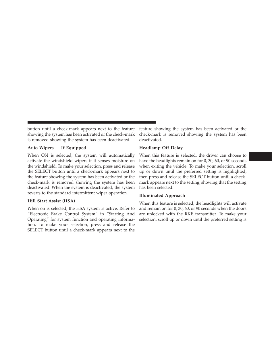 Auto wipers — if equipped, Hill start assist (hsa), Headlamp off delay | Illuminated approach | Ram Trucks 2013 3500 - CNG Supplement User Manual | Page 41 / 65