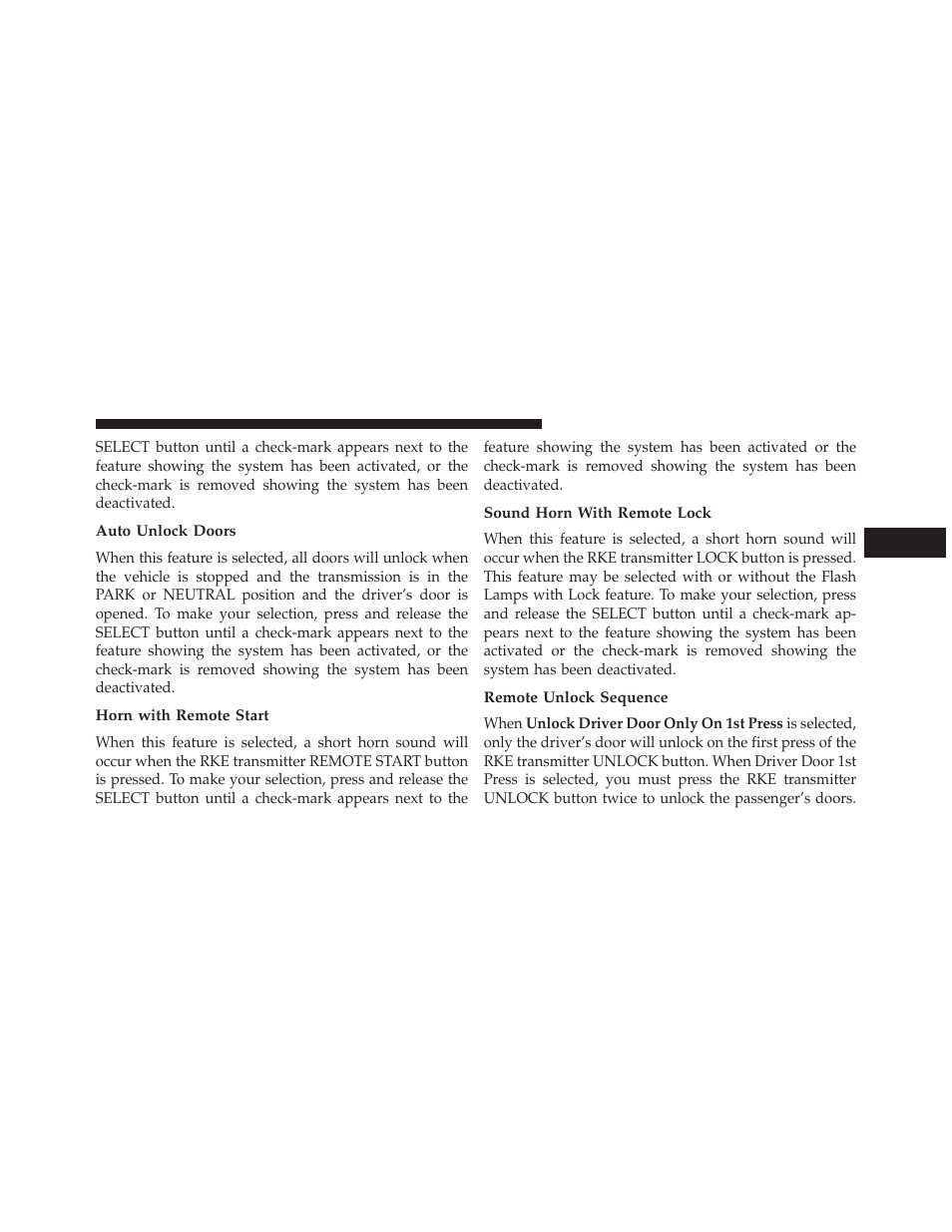 Auto unlock doors, Horn with remote start, Sound horn with remote lock | Remote unlock sequence | Ram Trucks 2013 3500 - CNG Supplement User Manual | Page 43 / 65