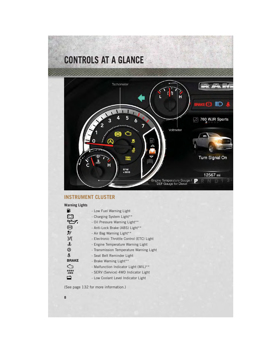 Instrument cluster, Warning lights, Controls at a glance | Ram Trucks 2013 3500 - User Guide User Manual | Page 10 / 196