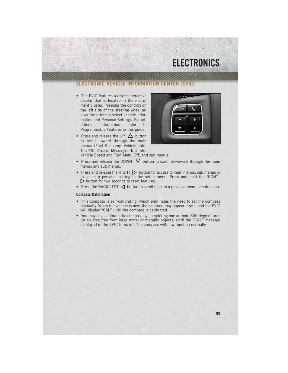 Electronic vehicle information center (evic), Compass calibration, Electronic vehicle information | Center (evic), Electronics | Ram Trucks 2013 3500 - User Guide User Manual | Page 101 / 196