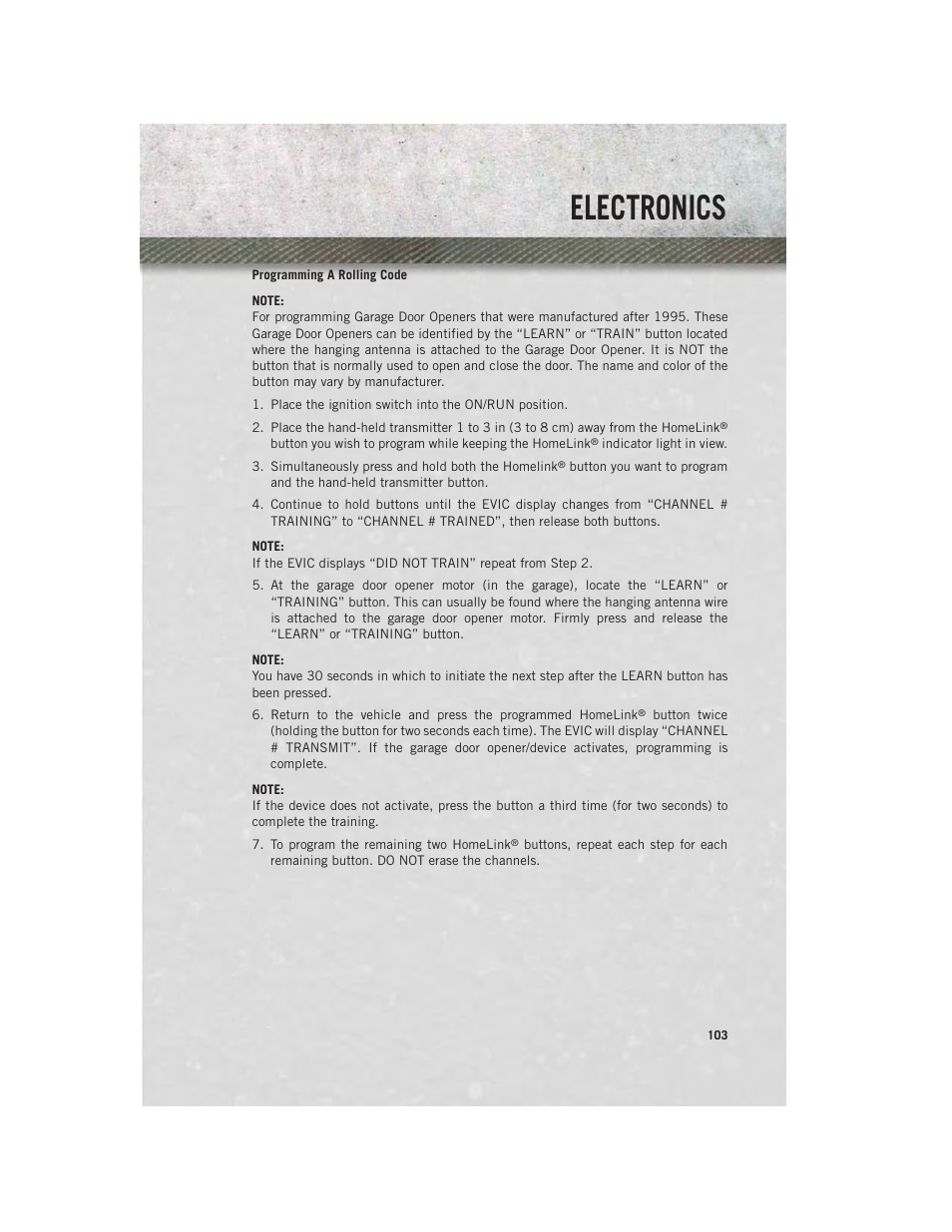 Programming a rolling code, Electronics | Ram Trucks 2013 3500 - User Guide User Manual | Page 105 / 196