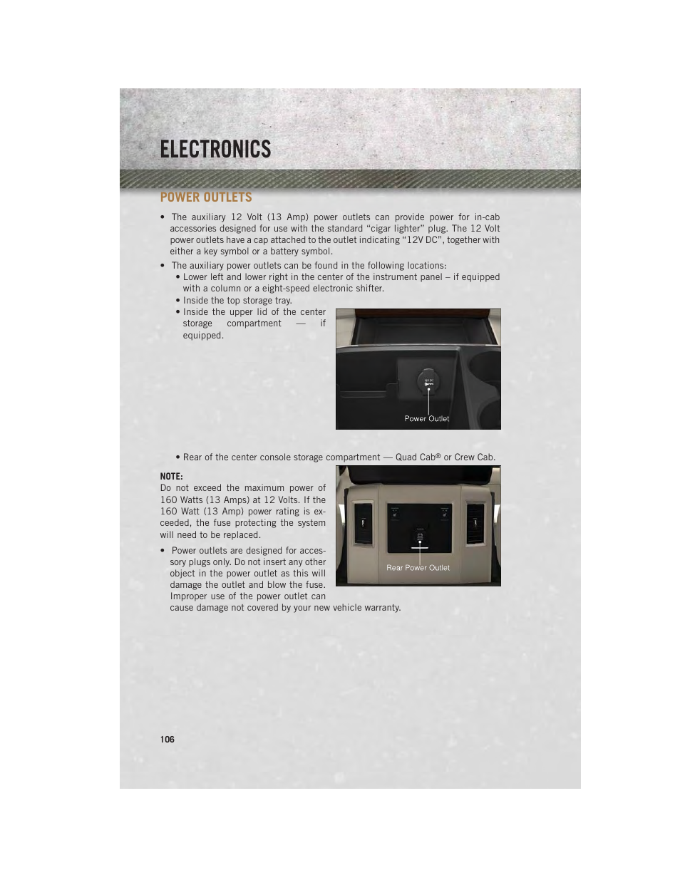 Power outlets, Electronics | Ram Trucks 2013 3500 - User Guide User Manual | Page 108 / 196