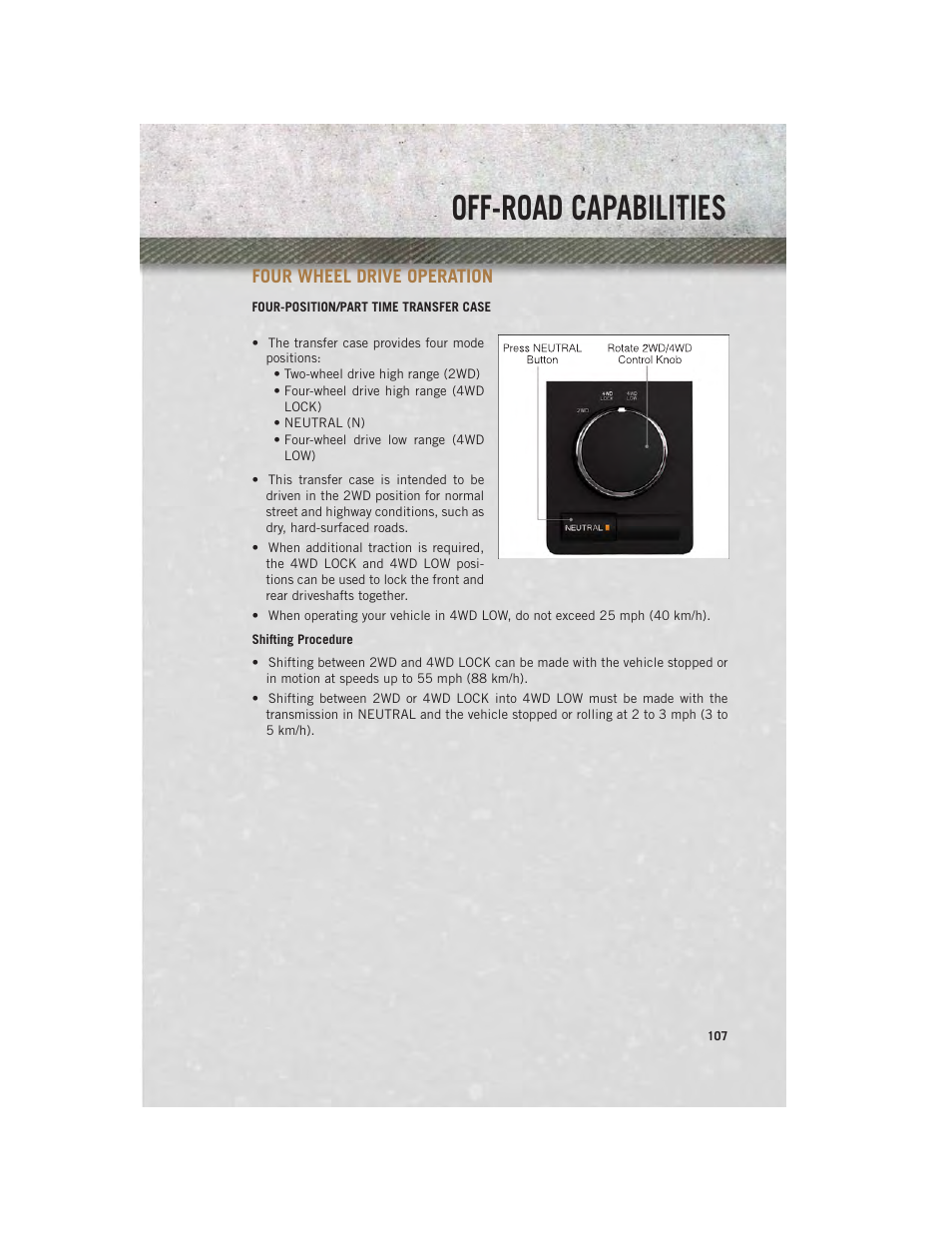 Off-road capabilities, Four wheel drive operation, Four-position/part time transfer case | Ram Trucks 2013 3500 - User Guide User Manual | Page 109 / 196