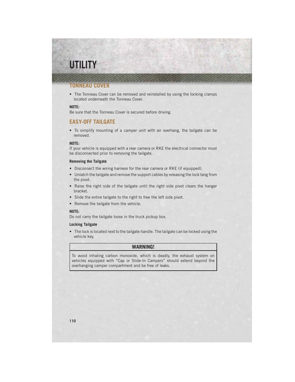 Utility, Tonneau cover, Easy-off tailgate | Removing the tailgate, Locking tailgate | Ram Trucks 2013 3500 - User Guide User Manual | Page 112 / 196