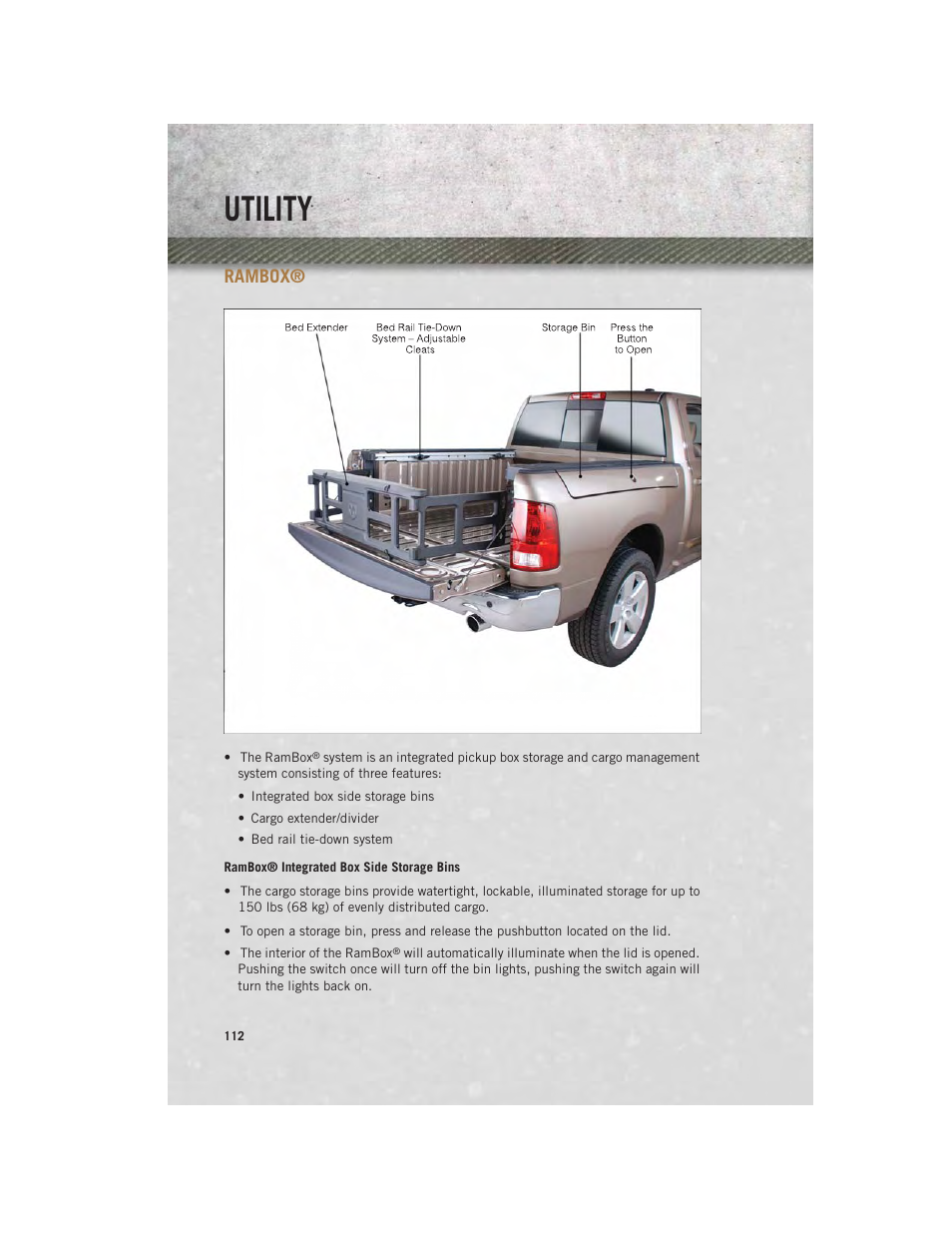 Rambox, Rambox® integrated box side storage bins, Utility | Ram Trucks 2013 3500 - User Guide User Manual | Page 114 / 196