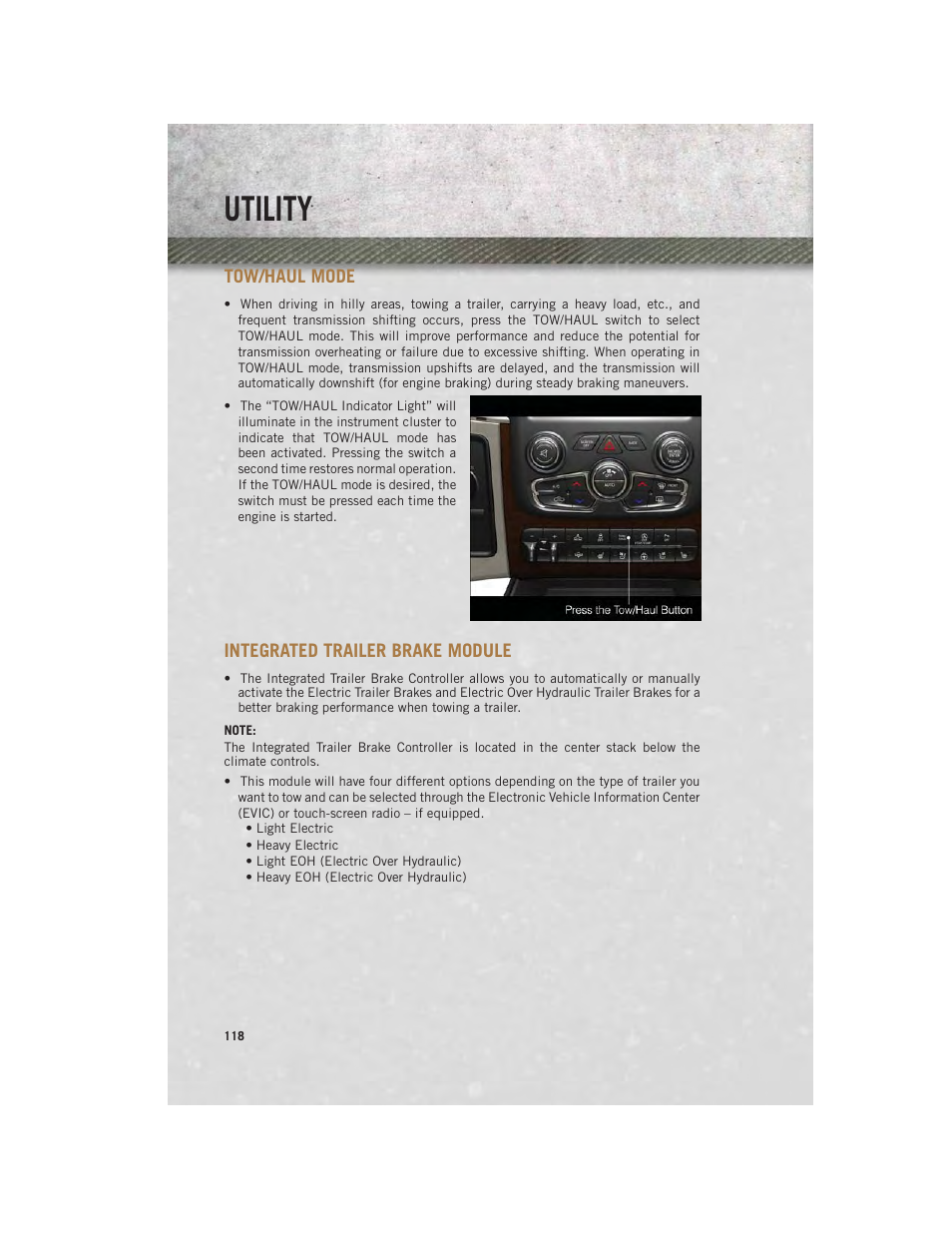 Tow/haul mode, Integrated trailer brake module, Integrated trailer brake | Module, Utility | Ram Trucks 2013 3500 - User Guide User Manual | Page 120 / 196