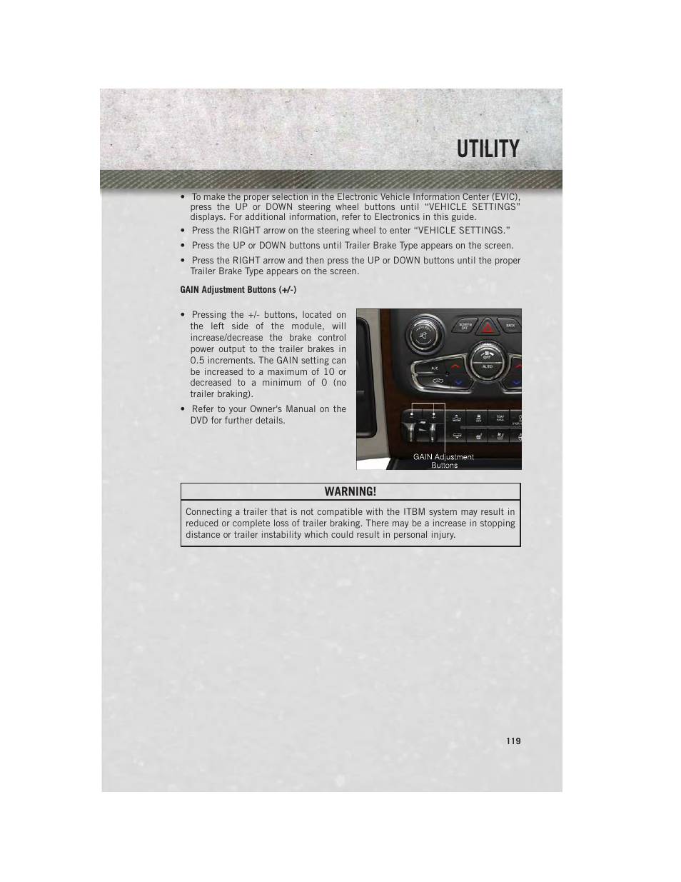 Gain adjustment buttons (+/-), Utility | Ram Trucks 2013 3500 - User Guide User Manual | Page 121 / 196
