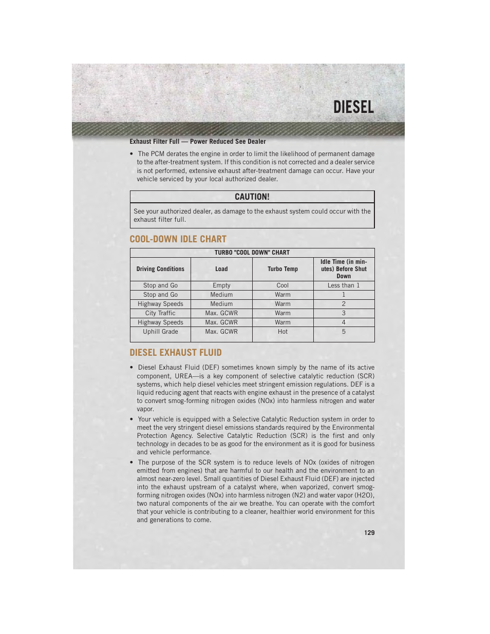 Exhaust filter full — power reduced see dealer, Cool-down idle chart, Diesel exhaust fluid | Diesel, Caution | Ram Trucks 2013 3500 - User Guide User Manual | Page 131 / 196