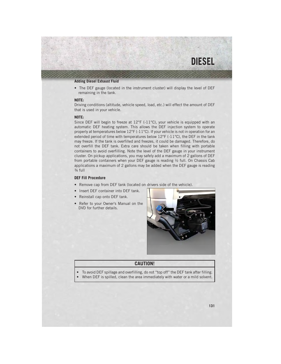 Adding diesel exhaust fluid, Diesel | Ram Trucks 2013 3500 - User Guide User Manual | Page 133 / 196