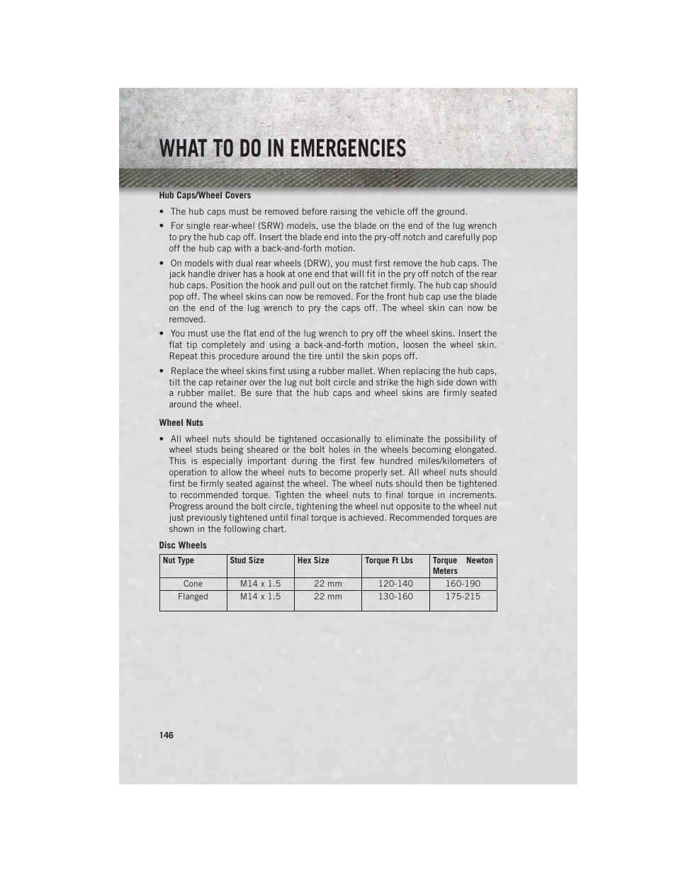 Hub caps/wheel covers, Wheel nuts, What to do in emergencies | Ram Trucks 2013 3500 - User Guide User Manual | Page 148 / 196