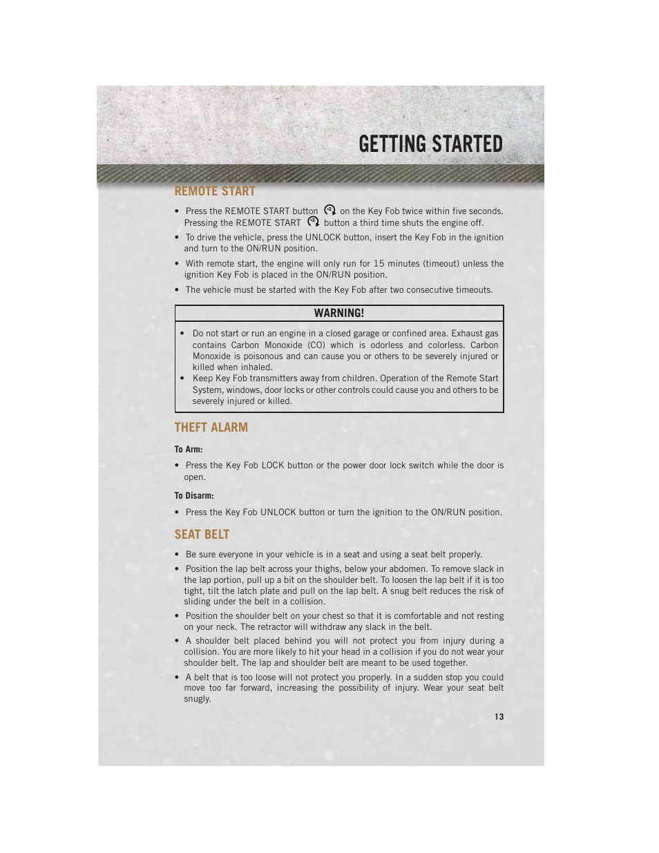 Remote start, Theft alarm, To arm | To disarm, Seat belt, Getting started, Warning | Ram Trucks 2013 3500 - User Guide User Manual | Page 15 / 196