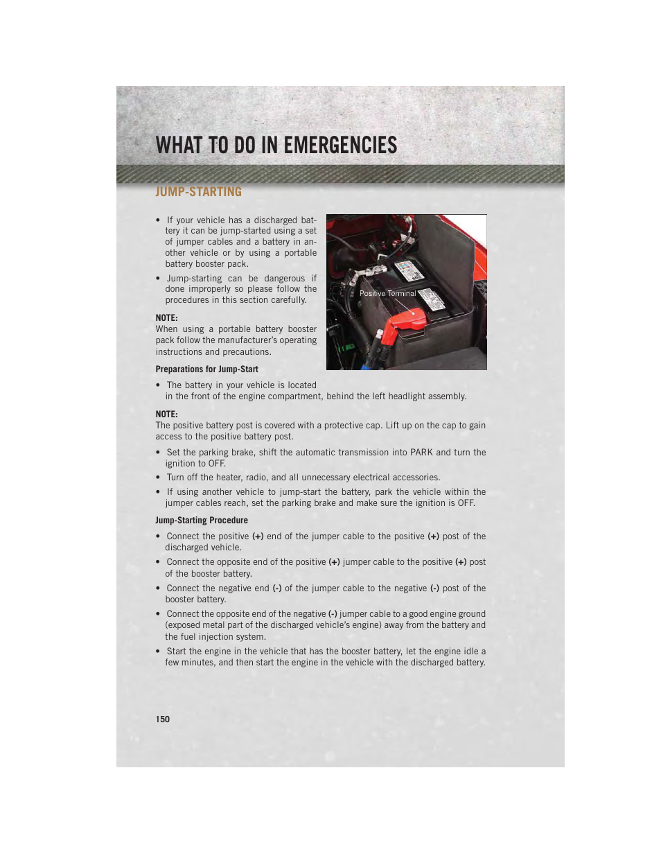 Jump-starting, Preparations for jump-start, Jump-starting procedure | What to do in emergencies | Ram Trucks 2013 3500 - User Guide User Manual | Page 152 / 196