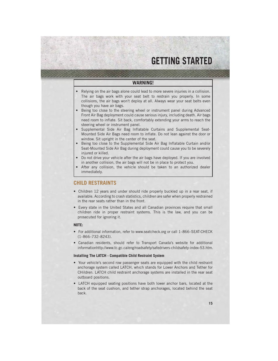 Child restraints, Getting started | Ram Trucks 2013 3500 - User Guide User Manual | Page 17 / 196