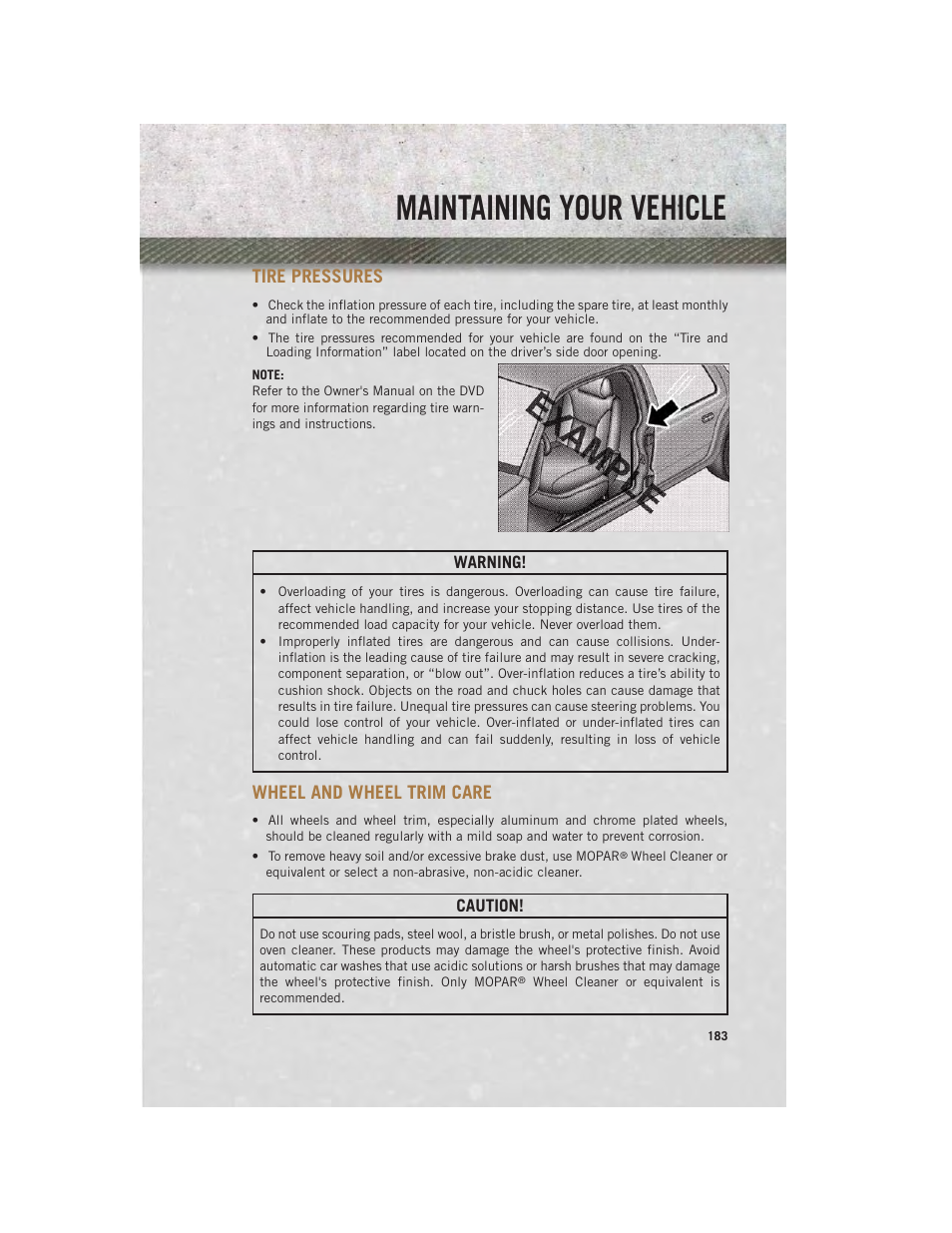 Tire pressures, Wheel and wheel trim care, Maintaining your vehicle | Ram Trucks 2013 3500 - User Guide User Manual | Page 185 / 196