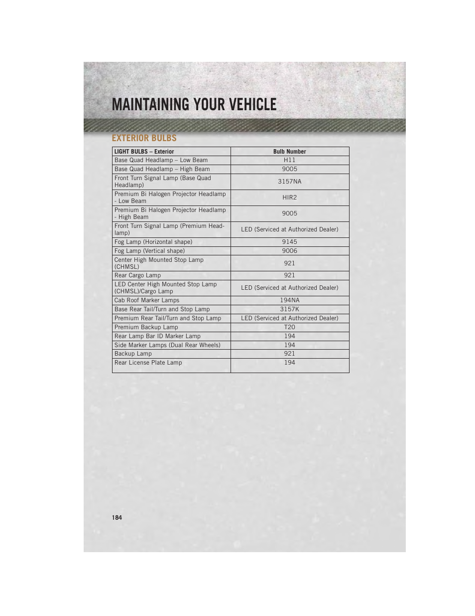 Exterior bulbs, Maintaining your vehicle | Ram Trucks 2013 3500 - User Guide User Manual | Page 186 / 196