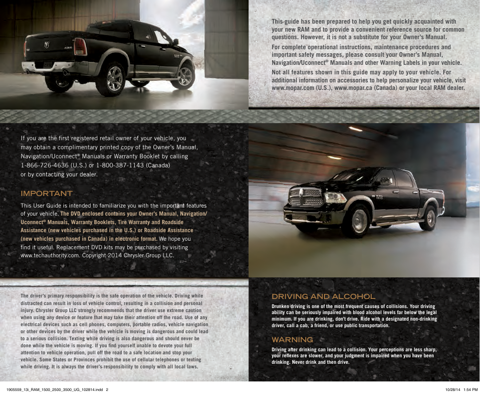 Important, Driving and alcohol, Warning | Ram Trucks 2013 3500 - User Guide User Manual | Page 2 / 196