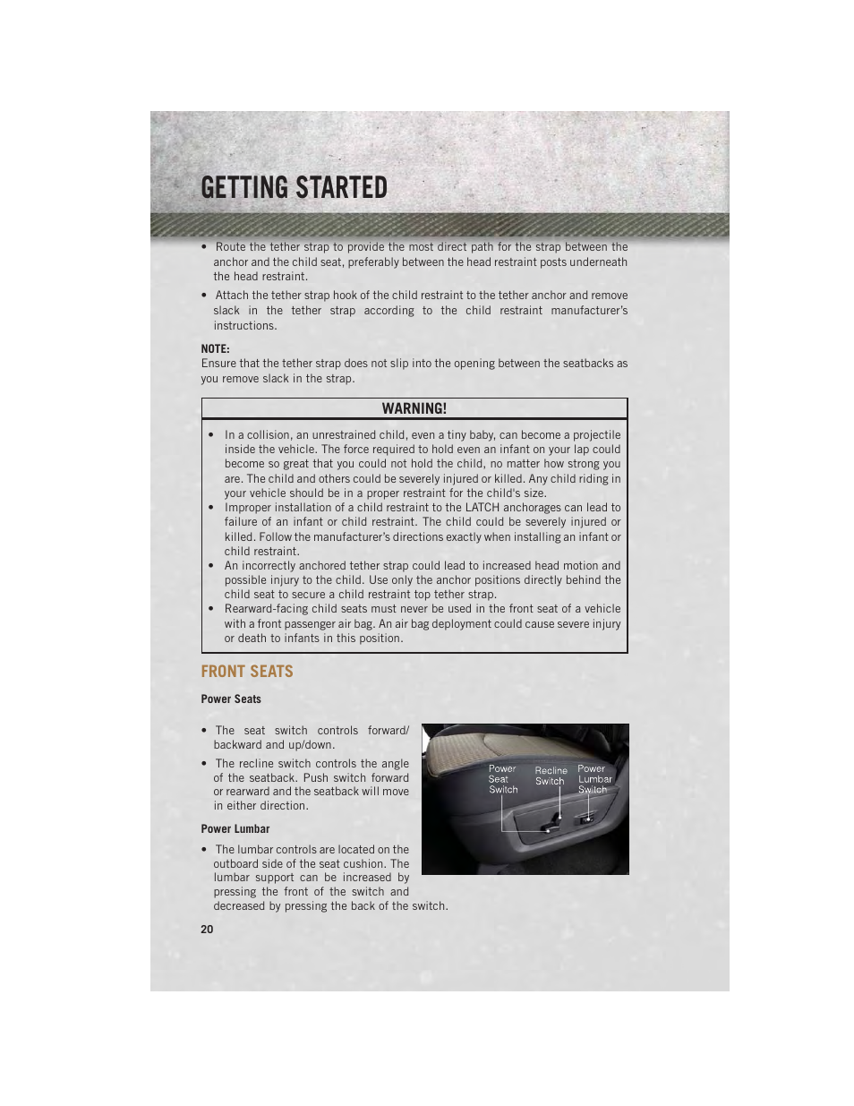 Front seats, Power seats, Power lumbar | Getting started | Ram Trucks 2013 3500 - User Guide User Manual | Page 22 / 196