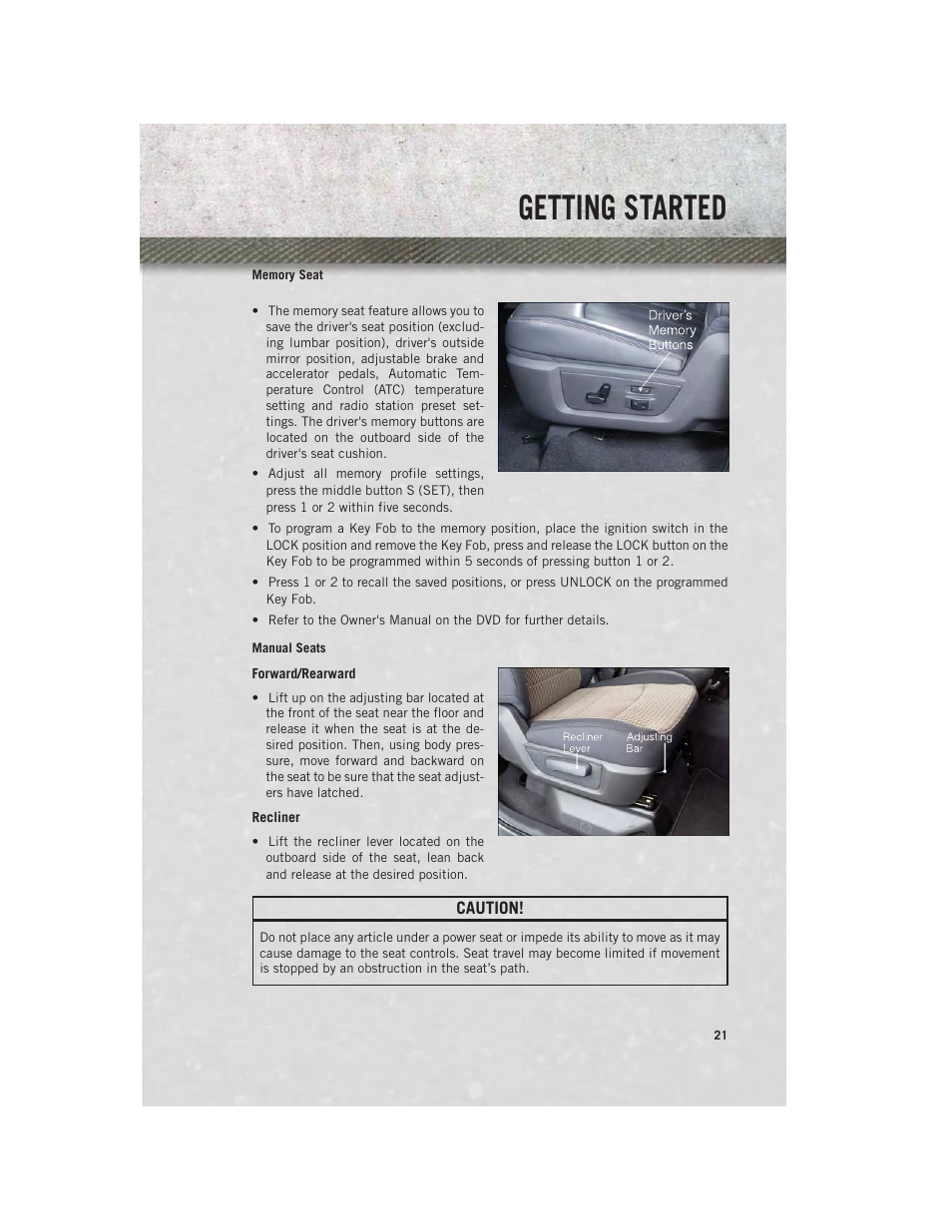 Memory seat, Manual seats, Getting started | Ram Trucks 2013 3500 - User Guide User Manual | Page 23 / 196