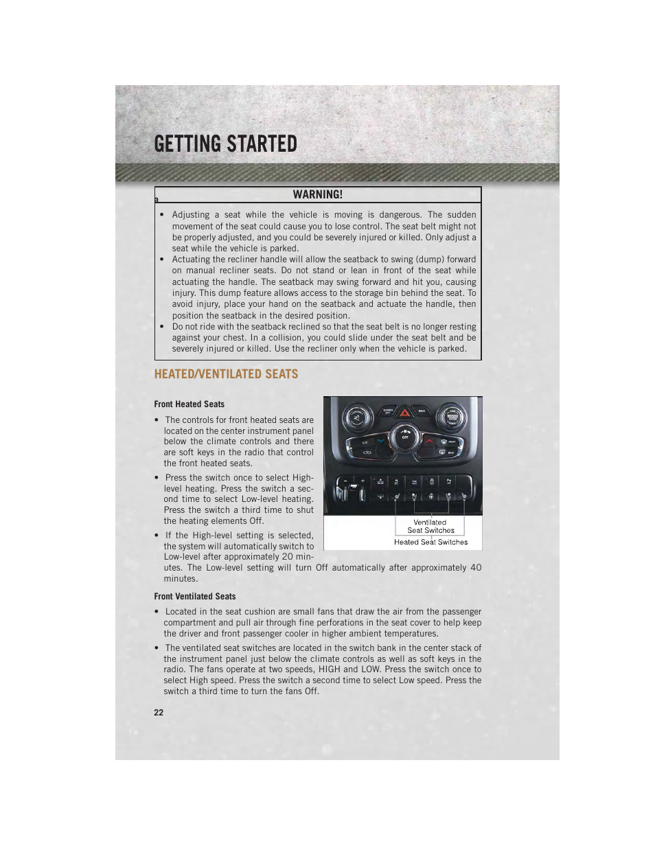 Heated/ventilated seats, Front heated seats, Front ventilated seats | Getting started | Ram Trucks 2013 3500 - User Guide User Manual | Page 24 / 196