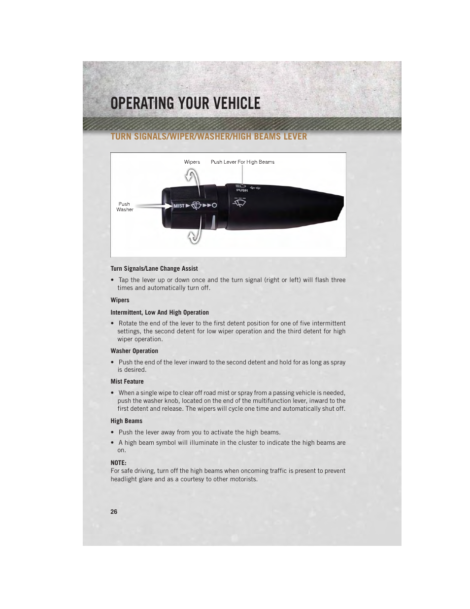 Turn signals/wiper/washer/high beams lever, Turn signals/lane change assist, Wipers | High beams, Turn signals/wiper/washer/high, Beams lever, Operating your vehicle | Ram Trucks 2013 3500 - User Guide User Manual | Page 28 / 196