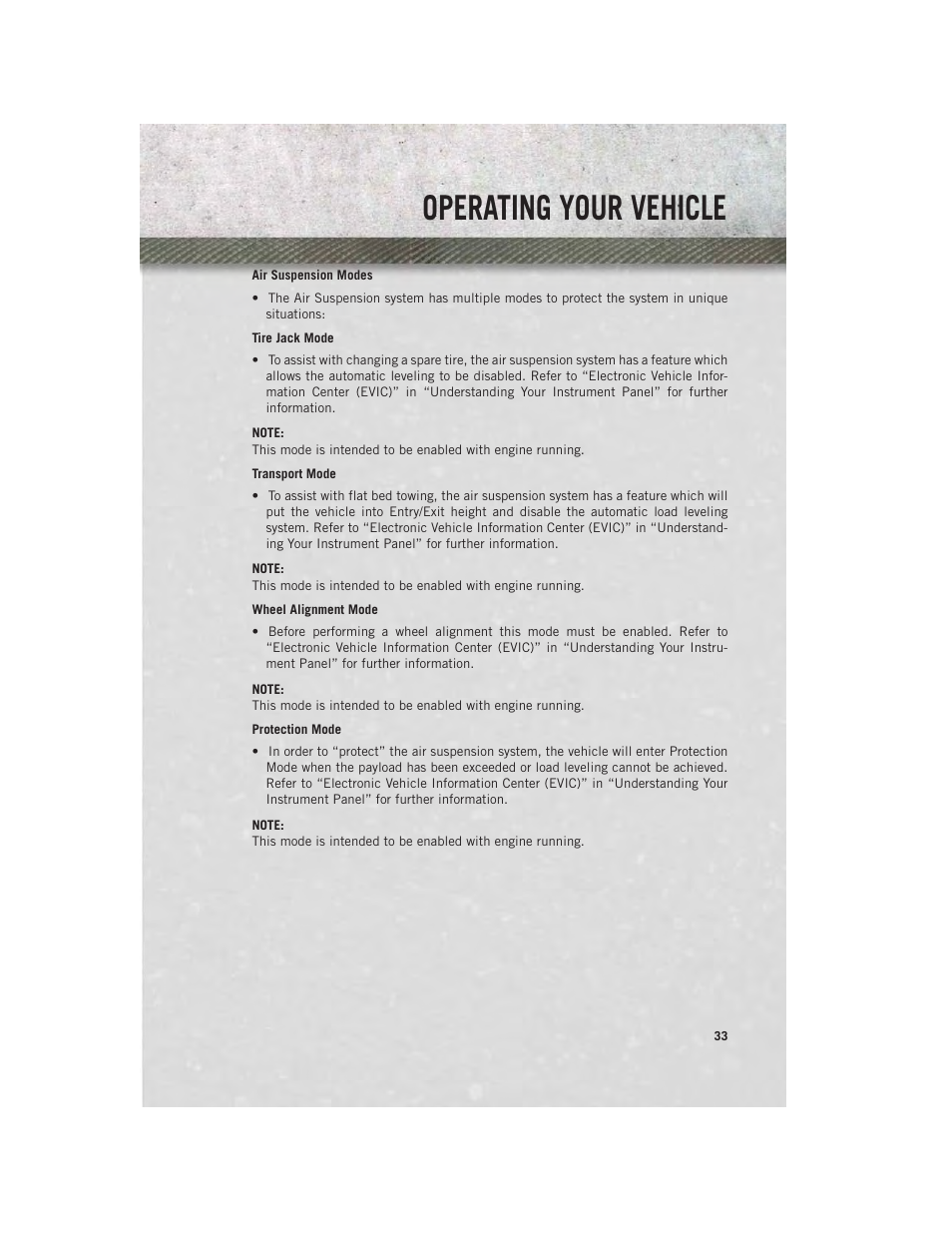Air suspension modes, Operating your vehicle | Ram Trucks 2013 3500 - User Guide User Manual | Page 35 / 196